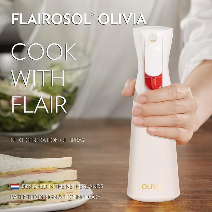 OLIVIA Signature Oil Sprayer for Cooking, 200ml Glass Olive Oil Sprayer, Continuous Cooking Spray with Portion Control, Oil Dispenser for Kitchen, Air Fryer, Salad, BBQ (White Bottle, Gold Print)