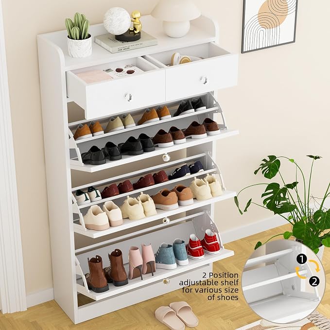 VOWNER Shoe Cabinet with 3 Flip Drawers & 2 Drawers, Freestanding Shoe Storage Cabinet with Adjustable Shelves, Shoe Organizer for Entryway, Hallway, Living Room, White