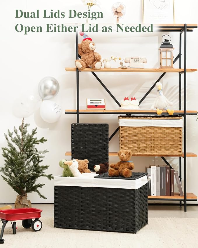SETVSON Storage Basket with Lid Rattan Storage Basket with 2 Separate Lid, 27.8 Gallon (105 L) 25.2 * 15.4 * 16.1 Inches Woven Wicker Baskets with 2 Liners and Handles for Bedroom Laundry Black