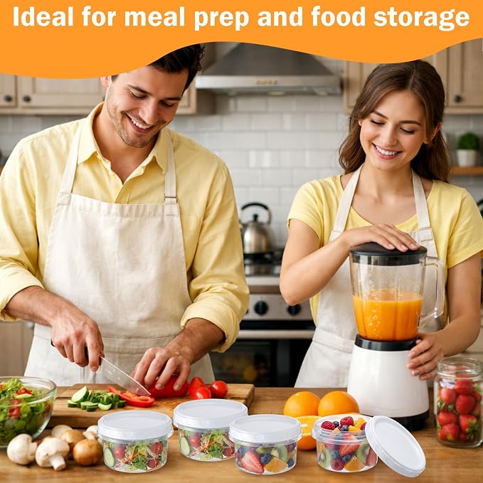 Sieral 16 Pack 8 oz Freezer Containers with Lids Reusable Deli Freezer Storage Containers Stackable Plastic Thick Twist Top Jars for Takeout Food Round Wide Mouth Lunch Snack (White)