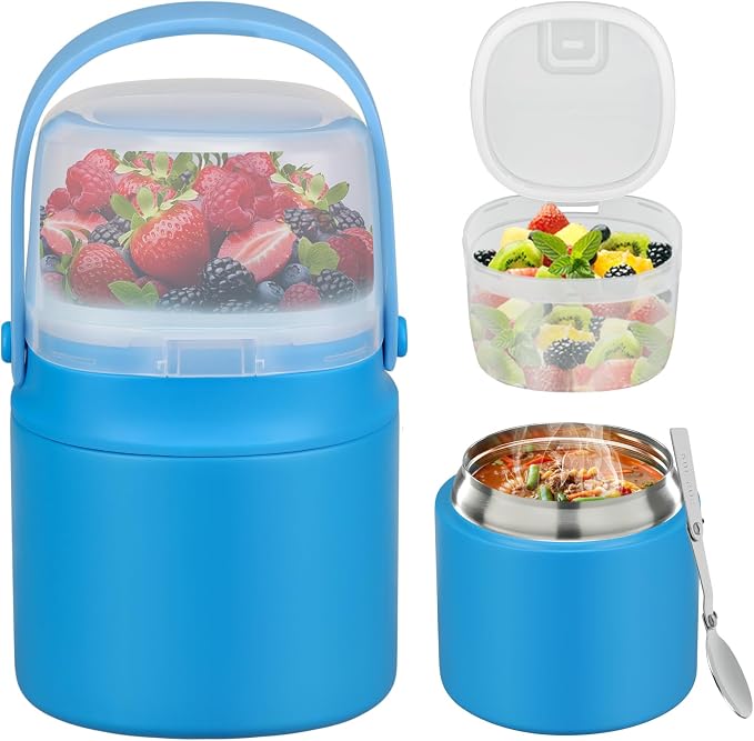 14 oz Soup Thermo for Hot Food with 7 oz Snack Container, Leak-Proof Insulated Lunch Container Kids and Adults, Stainless Steel Double Wall Vacuum Wide-mouth Thermal with Spoon and Handle-Blue
