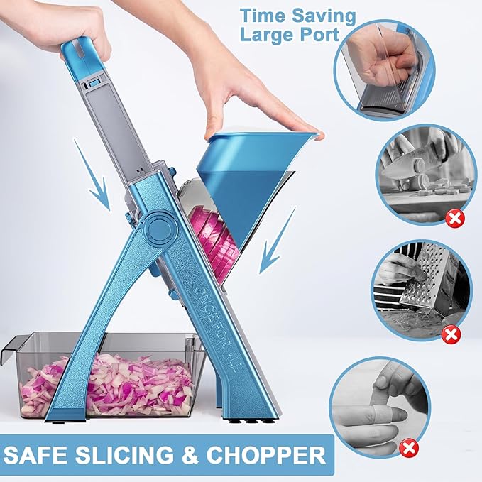 QYKIC Upgrade Safe Mandoline Slicer for Kitchen, Vegetable Chopper and Slicer, Potato Slicer Thickness Adjuster, French Fry Cutter, Veggie Onion Dicer Faster Kitchen Mandolin for Meal Prep