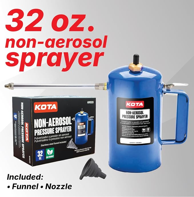 LAUCO Non Aerosol Pressure Sprayer - Refillable Pressurized Sprayer Bottle for Oil, Solvent, Degreasers, Lubricants - Rechargeable Steel Canister with Brass Nozzles, 32oz. (1, Blue) 69533