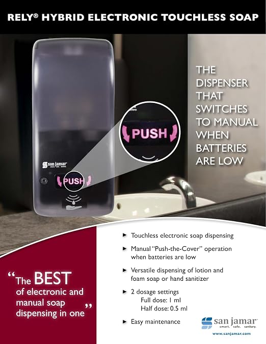 San Jamar Classic Rely Hybrid Electronic Soap Dispenser Hand Sanitizer Dispenser with Universal Compatibility for Home, Bathroom, Kitchen, Restrooms, Restaurants, Plastic, 900 Ml, Black Pearl