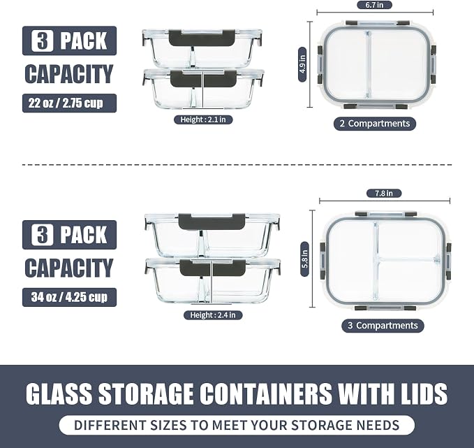 2 & 3 Compartment Glass Meal Prep Containers with Lids, Lunch Containers | Portion Control Glass Containers, Ideal for Work, Gym, On-the-Go, Lunches, Freezer to Microwave Safe