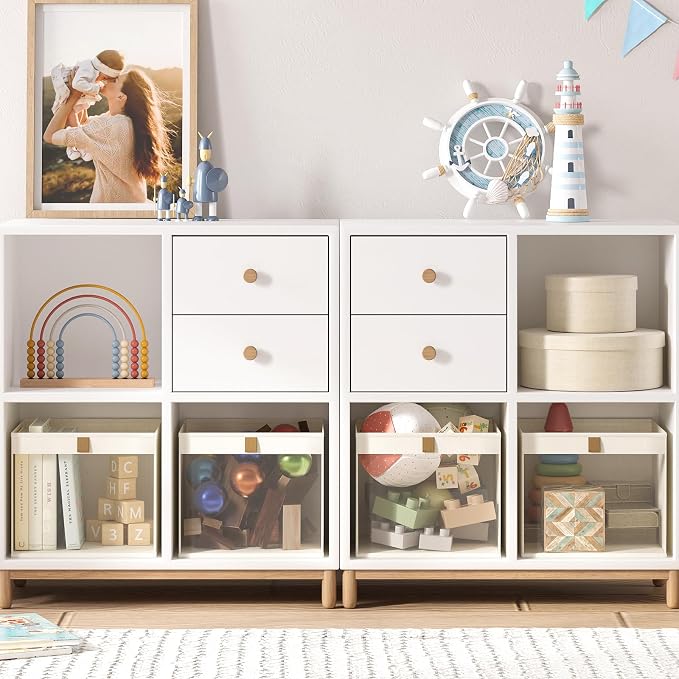 Linen Closet Organizers and Storage, Closet Storage Bins Basket Organizer, Foldable Organization Baskets with Mesh Window for Clothes Towels and Toys, 10.75" x 10.75" x 7.5", Beige, 2 pack