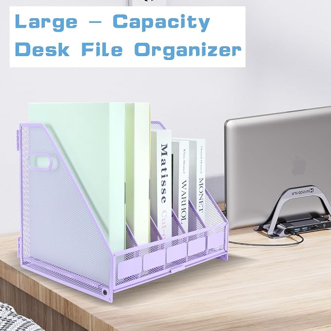 Desk Organizers Metal Magazine File Holder Racks Desktop Folder Storage Binder Organiser Document Organization for Home Office & Classroom,5 Vertical Compartments-Purple