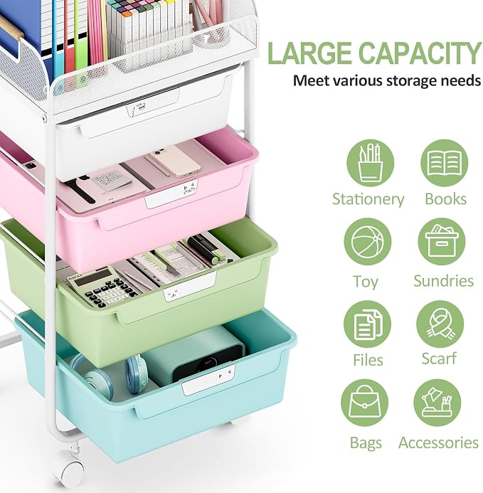 SYKIARIOL 4-Drawer Rolling Storage Cart with Mesh Top, Utility Craft Organizer Cart on Wheels with DIY Labels, Rolling Drawer Cart for Home Office Classroom Bedroom, Colourful
