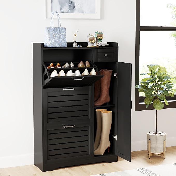 Slim Shoe Storage Cabinet for Entryway, Hidden Shoe Rack Cabinet with Doors, Drawers & Adjustable Shelf, Narrow Freestanding Ventilated Design, Thin Wooden Boot Storage Organizer, Black