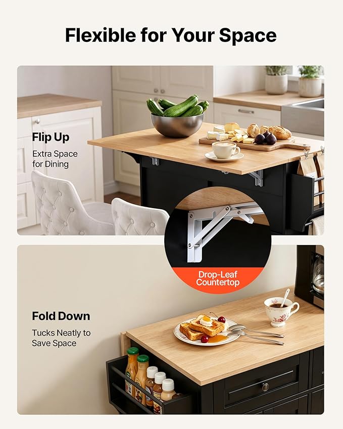 VEVOR Kitchen Island Cart with Storage, 43.58 in Wide Mobile Rolling Storage Island on Swivel Wheels, with 2 Drawers, Storage Cabinet, Drop Leaf, Spice/Towel Rack, Table for Home Dining Room, Black