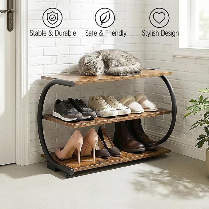 Shoe Rack for Entryway, C-Shaped 3-Tier 26” Wide Wood Shoe Storage | Space Saving Shoe Organizer, Wooden Shelves, Curved Metal Frame, Adjustable Feet, for Front Door Entrance, Closet, Hallway