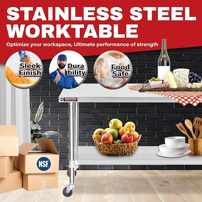 DuraSteel 30x48 NSF Stainless Steel Cart Work Table - Heavy Duty Rolling Food Prep Table Countertop Island - Metal Utility Cart on Wheels Caster, Grill Stand Storage Outdoor Kitchen Tables Bar Top