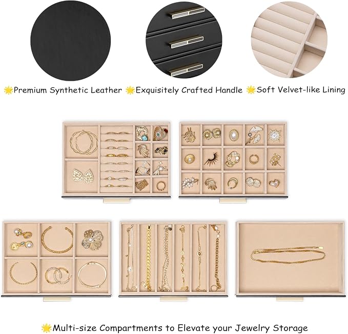 VLANDO 5-Drawer Jewelry Box with Glass Lid, Faux Leather Organizer for Rings Earrings Necklaces and More, Gift-Ready Jewelry Case for Women Girls or Moms, Black