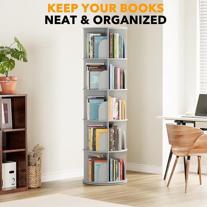 SpaceAid 5 Tier Rotating Bookshelf Tower, Spinning Bookcase Lazy Susan, Revolving 360 Book Shelf Storage Round Carousel, Vertical Rotate Turning Spiral Corner Organizer, Gray