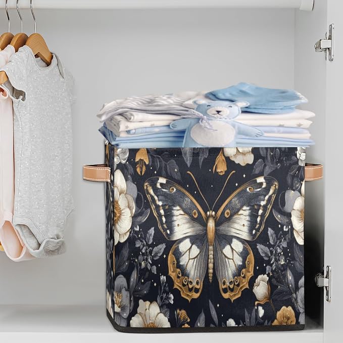 TropicalLife Flower Butterfly Storage Cube, 13 Inch Fabric Cube Storage Organizer Bin for Shelves Clothes, Decorative Foldable Storage Boxes