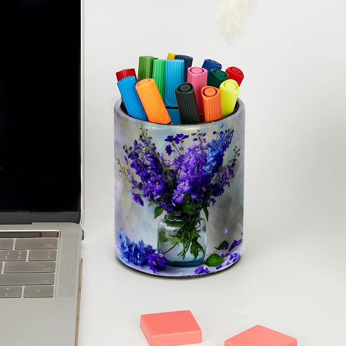 Purple Flower Arrangement Pen Holder Pencil Organizer for Desk, 3.1” x 3.1” x 3.9” Pencil Cup Office Supplies, Large Capacity Cute Pen and Makeup Brush Holder for Home, School, Desktop