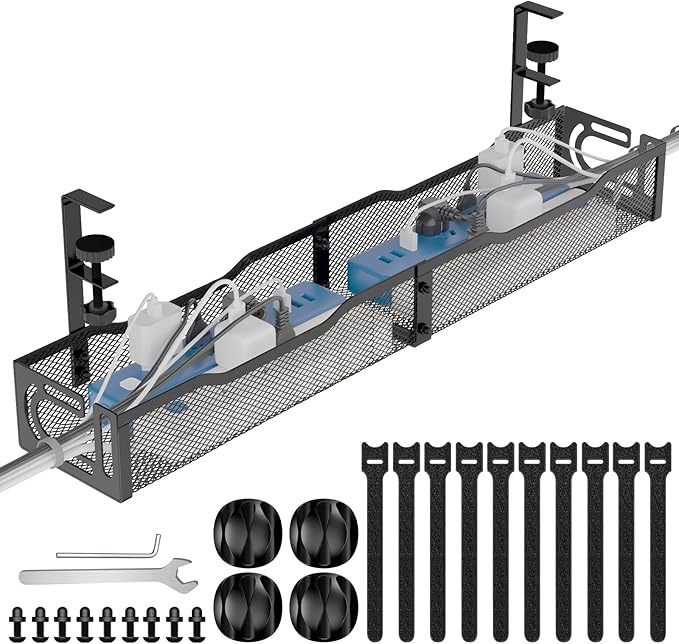 Under Desk Cable Management Tray, No Drill Steel Desk Cable Organizers, Wire Management Tray Cable Management Rack (24.4" Length-Black)