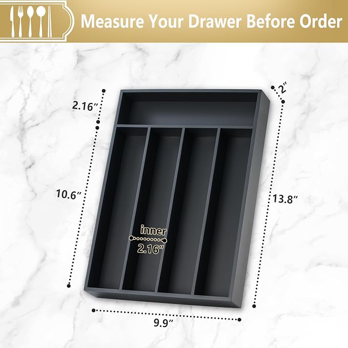 Silverware Organizer, 10 Inch Utensil Organizer Kitchen Drawer Organizer Bamboo Silverware Holder Cutlery Tray Organizer in Drawer Flatware Organizer Tray(5 slots, Black