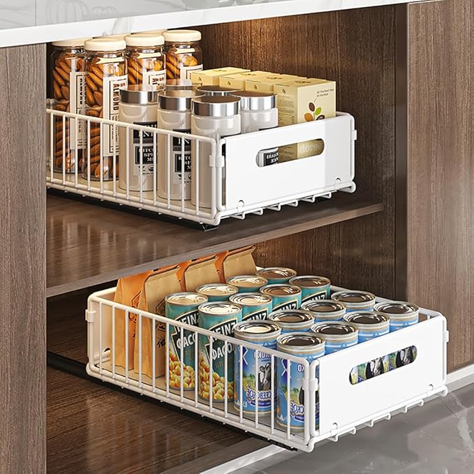 YunNasi Pull Out Cabinet Organizer Slide Out Drawer Storage Shelves Cupboard Organiser Sliding Cabinet Basket for Kitchen No Drilling and Nailing (White, 4Piece 9.8"W X15"D X 7.5"H)