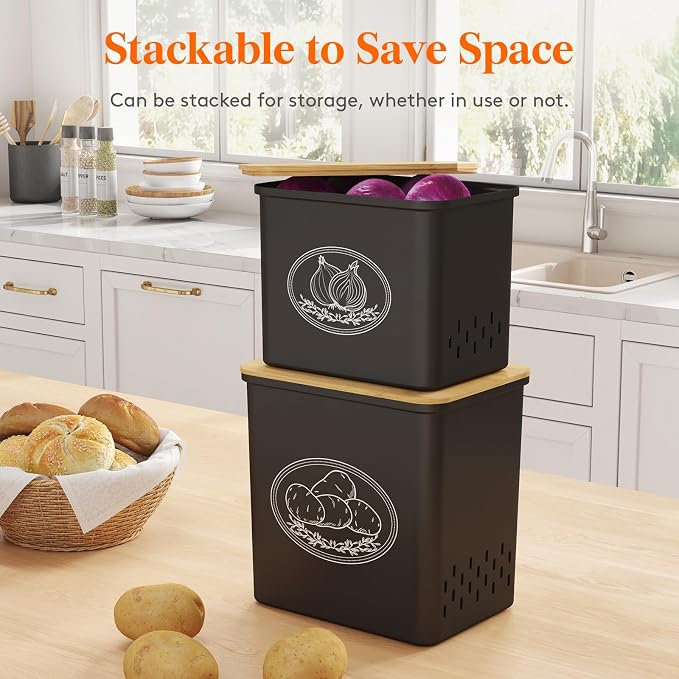 Lifewit Plastic Potato and Onion Storage Bin Box, Set of 2, Black | Stackable Garlic Keeper, Vegetable Container Box, Aerating Holes & Lid for Pantry Countertop