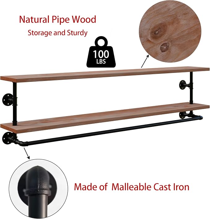 Clothes Rack 70in, 2-Tier Wall Mounted Garment Rack with Real Wood Shelf, Heavy Duty Hanging Clothes Rack, Multi-Purpose Hanging Rod, Space-Saving Closet Storage