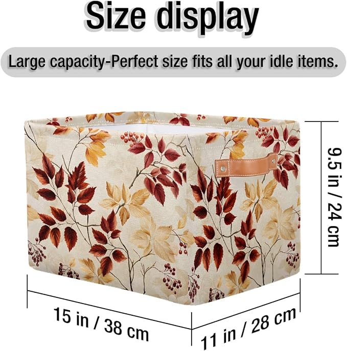 Rectangular Storage Baskets Autumn Leaves And Berries Fabric Storage Bin Toy Organizer Box with PU Leather Handles for Room Decor