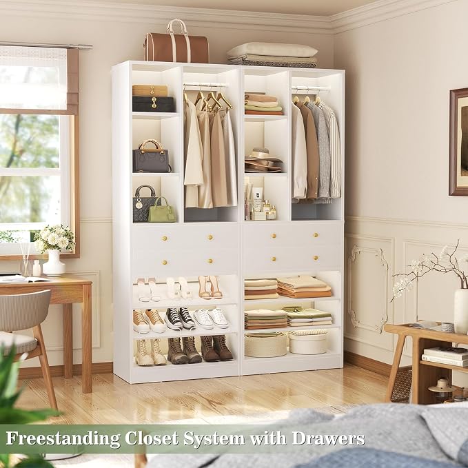 Besiost Closet System, 55.6"/4.7 FT Closet Organizer System with Drawers and Shelves, Walk-in Closets Systems for Small Closets, Free Standing Reach in Closet Tower, Load 1200+LBS, White 2 Pack