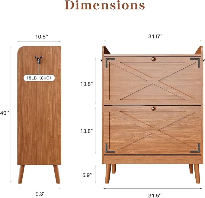 Shoe Storage Cabinet with 2 Flip Drawers & Adjustable Shelves, Freestanding Shoe Cabinet with Side Hooks Narrow Shoe Rack Cabinet for Entryway