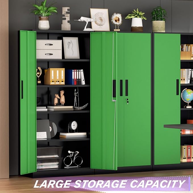 Superday Metal Storage Cabinets, 71" Storage Cabinet with Locking Door, Tall Garage Cabinet with 2 Doors and 4 Adjustable Shelves for Home Office, Classroom, Easy Assemble(Black Green)
