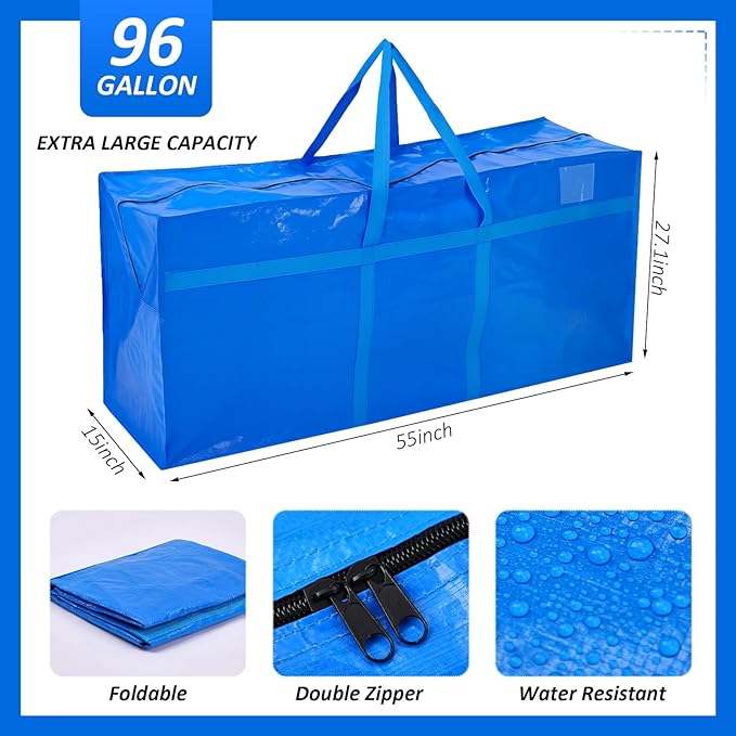 4 Pcs 96 Gallon Extra Large Moving Bags Heavy Duty Storage Bag with Strong Zipper Handle Foldable XXL Jumbo Storage Tote Packing Moving Box for College Dorm Travel Cloth Duffle (Blue)