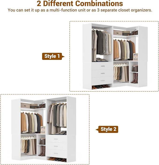 Aheaplus Closet System with 3 Drawers, 2 Hanging Rods & Corner Tower, Corner Closets System with Hanging, L-Shaped Walk-In Wardrobe Organizer, 1300+ lbs Capacity, Set of 2, White