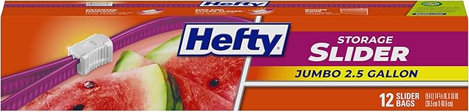Hefty Slider Jumbo Storage Bags, Extra Large 2.5 Gallon Size, 12ct | Oversized 2.5 Gallon Storage Bags, Store Bulk Food, Clothes, Shoes, and More, Writable Label, Secure Slider Closure