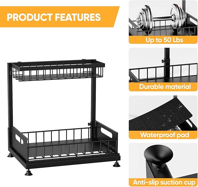 Saydear Under Sink Organizer Storage 2-Tier Premium Metal Pull-Out Kitchen Cabinet Organizer with Sliding Drawer, Height Adjustable, Heavy Duty for Kitchen & Bathroom Organizers 1 Pack Black