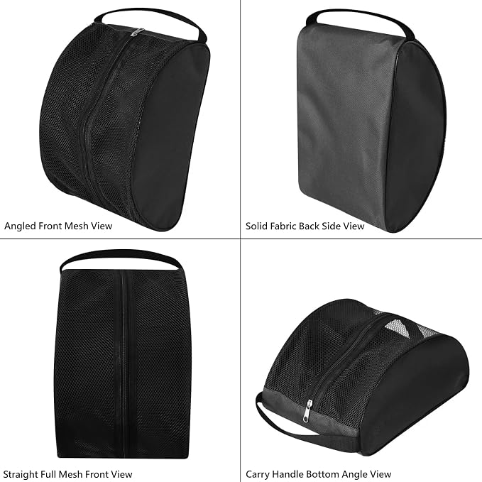 Golf Shoe Bag with Full Top Mesh Ventilation, Zippered Sports Shoe Carrier for Travel, Fits up to Size 13 Men Women (Black)