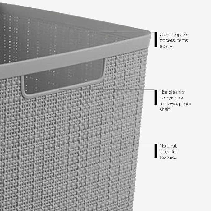 Curver Set of 8 Slim 6.8L Jute Decorative Plastic Organization and Storage Baskets - Perfect Bins for Home Office, Closet Shelves, Kitchen Pantry and All Bedroom Essentials, Grey