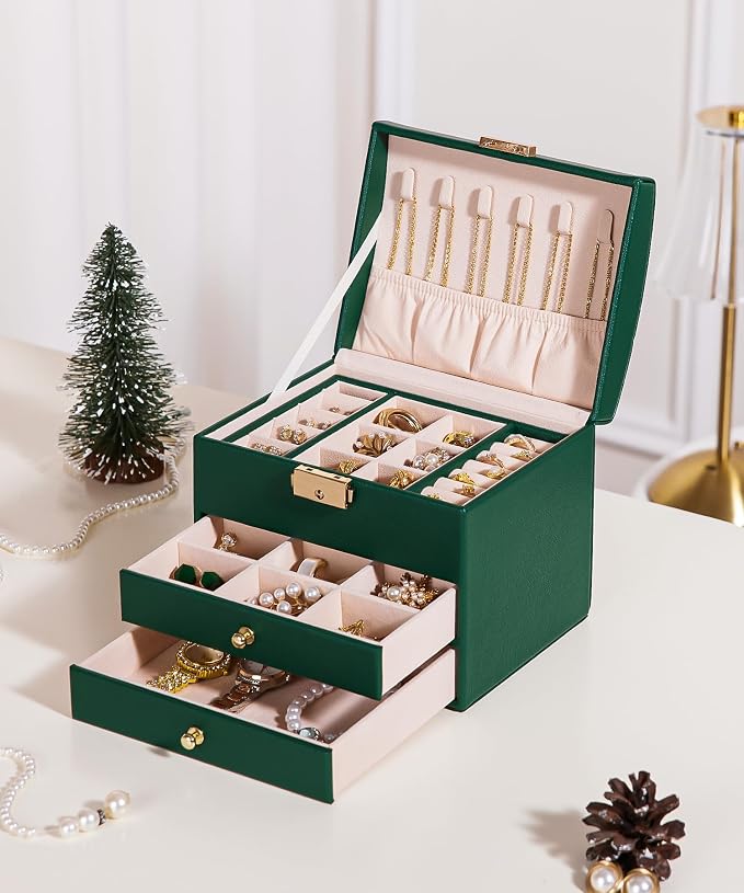 Homde Small Jewelry Box for Girls: 3-Layer Lockable Organizer (Green) | Removable Tray&Dividers for Flexible Storage - Sort Earrings&Rings&Necklaces for Beginners - Birthday Gift for Teens