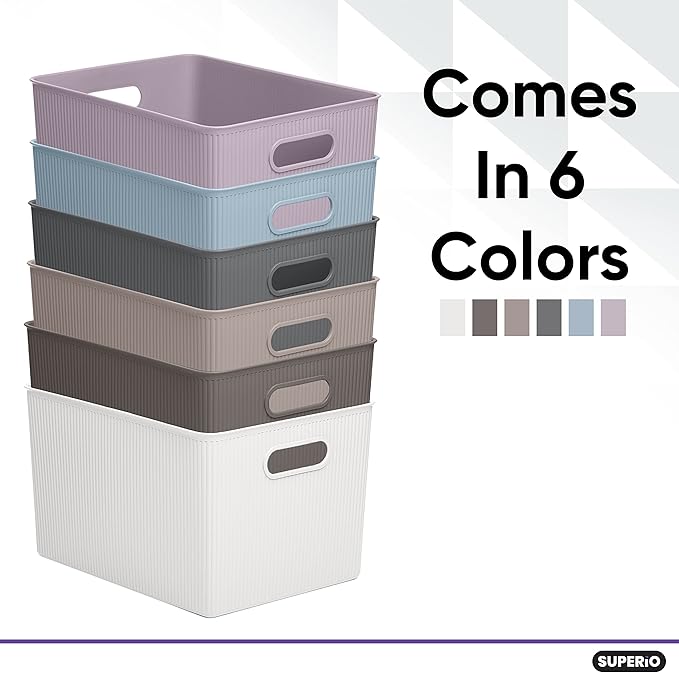 Superio Ribbed Collection - Decorative Plastic Basket Open Home Storage Bins Organizer, X-Large Lilac Purple (4 Pack) Container Boxes for Organizing Closet Storage Bins for Shelves 22 Liter/23 Quart