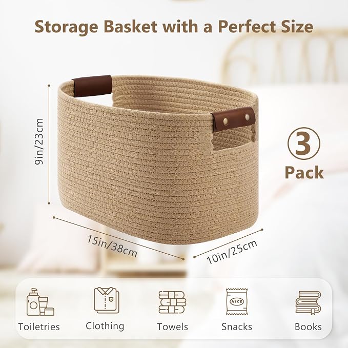 ECDYQXVU 15x10x9 Woven Cotton Rope Storage Basket, Leather Handles 3 Pack | Foldable Design, Sturdy PU Handles, Easy to Clean Organizer for Living Room, Closet, Shelves, Bedroom, Laundry, Clothes