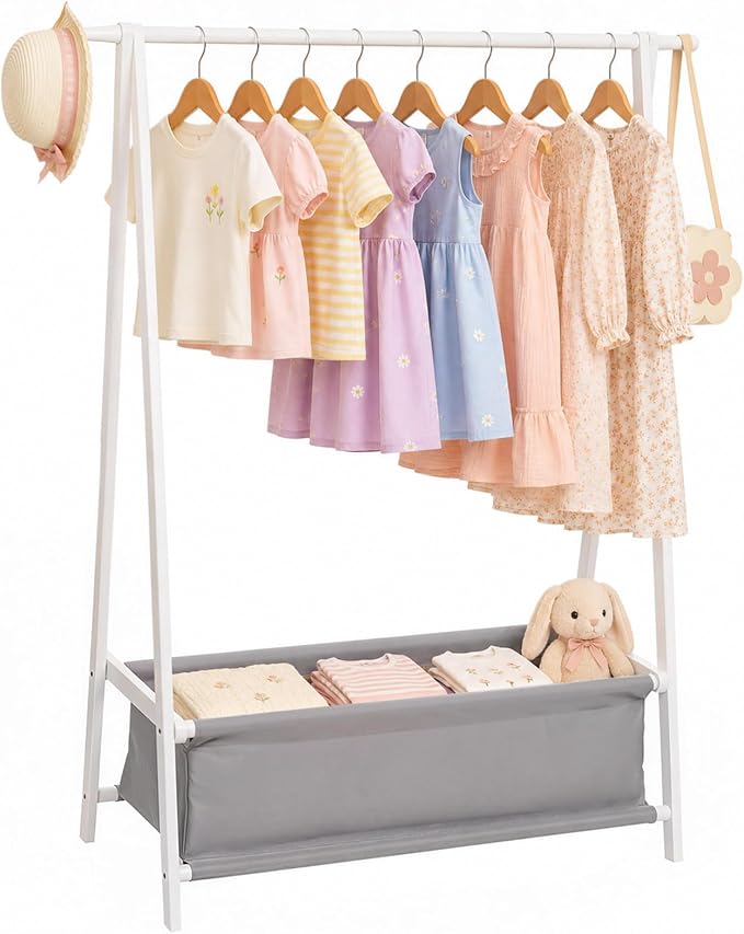 Homde Sturdy Kids Clothes Rack: 66 lb Capacity for Growing Wardrobe Needs | Hanging Rod Holds Clothes, Basket Stores Items Below - Helps Kids Build Tidy Habits - Angled Bamboo Side Frames Add Stability