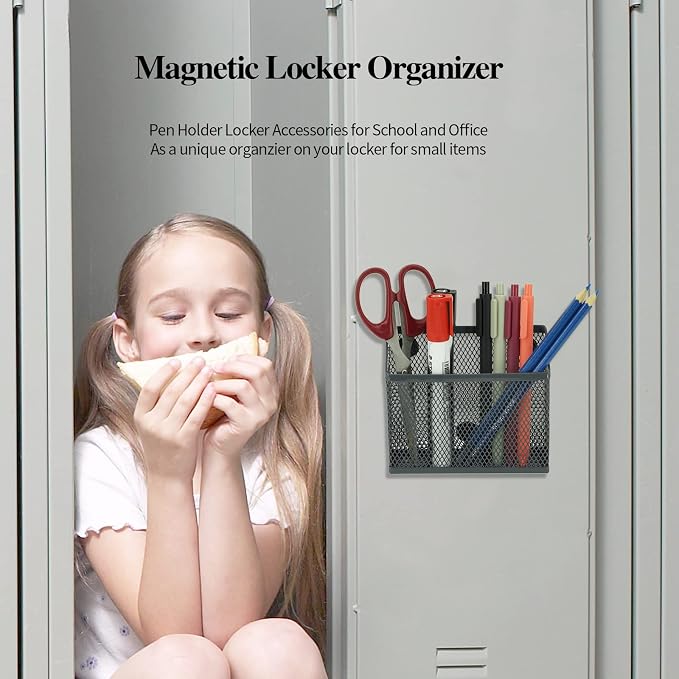 Neudeco Locker Accessories and Decor Kit, Pack of 4, Grey | Mesh Locker Shelf, Locker Organizer, Magnetic Basket, Pen Holder