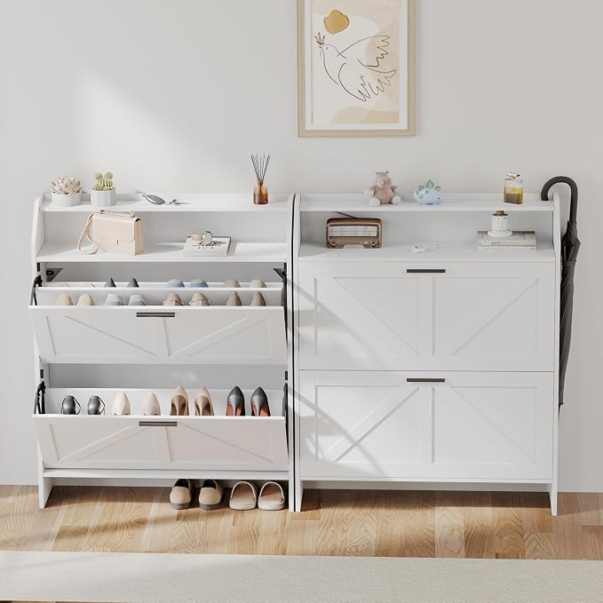 Mericonia Farmhouse Shoe Cabinet with 2 Flip Drawers, Shoes Storage Cabinet, Freestanding Shoe Rack Organizer for Entryway, White