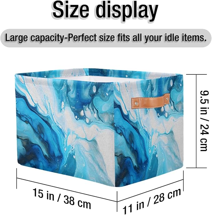 Cube Storage Bins for Shelves, Blue Marble Texture Collapsible Fabric Toys Storage Basket Box with Handles for Home Office Bedroom Closet