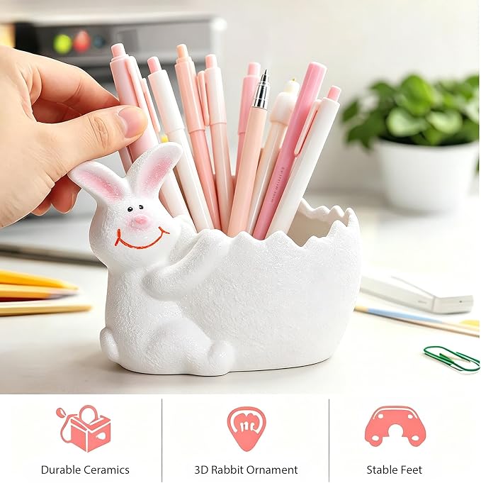 Ceramic Rabbit Shaped Pen Pencil Holder for Desk Decoration Accessories Rabbit Decor Makeup Brush Pen Cups Office School Ideal Gifts for Women, Mom or Birthdays