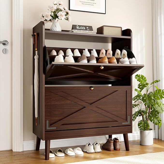 Shoe Storage Cabinet with 2 Flip Drawers & Adjustable Shelves, Freestanding Shoe Cabinet with Side Hooks Narrow Shoe Rack Cabinet for Entryway, Hallway, Rustic Brown