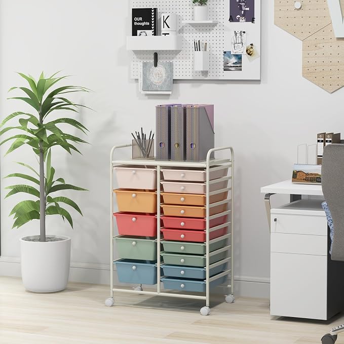 Moccha 15-Drawer Rolling Storage Cart - Under Desk Storage Drawers with wheels for Craft Art Supply Paper Salon, Scrapbook Paper Tools, Mobile Utility Cart for Classroom (15 Drawers, Macaron)