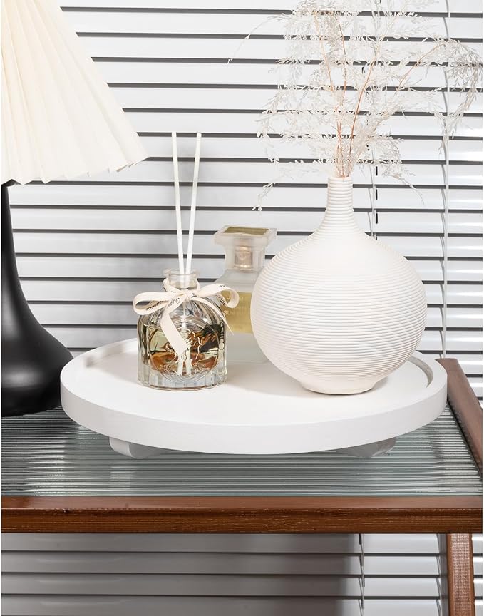 Round Decorative Tray Farmhouse Kitchen Decor Soap Dish, 11" White | Waterproof, Lightweight, Easy Clean, Wood Riser Pedestal Stand Accessories for Office Desk, Vanity, Counter, Sink