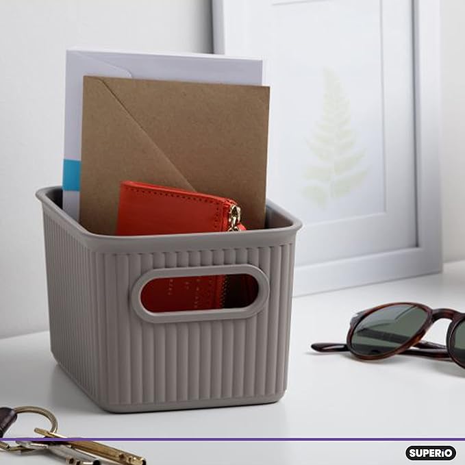 Superio Ribbed Collection - Decorative Plastic Basket Open Home Storage Bins Organizer, Small Taupe (6 Pack) Container Boxes for Organizing Closet Storage Bins for Shelves Drawer Shelf 1.5 Liter