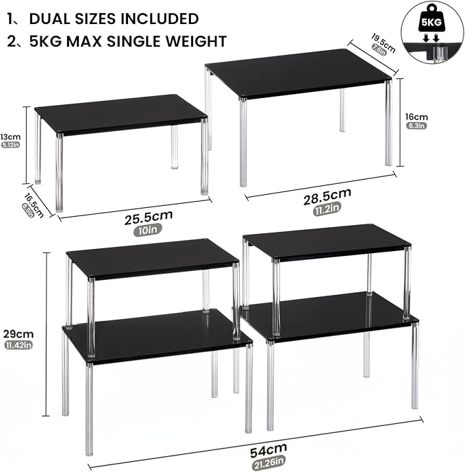 Cabinet Organizer Acrylic Spice Rack, 4 Pack Stackable Shelf Riser for Kitchen Pantry Countertop, Expandable Storage Organizer for Bathroom Office
