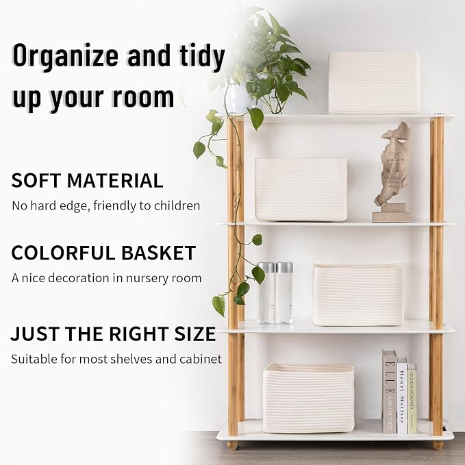 4 Pack Storage Baskets for Organizing Toys, Towels, and Clothes, Woven Basket for Shelves, Sturdy Nursery Cube Bins for Storage, 13''L x9''W x7.8''H, White