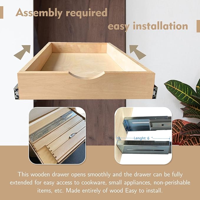 Soft-Closing Drawer, Wood Pull Out Tray Drawer Box Kitchen Cabinet Organizer, Cabinet Slide Out Shelve, Wooden Pull-Out Shelf-Fast and Easy D.I.Y. (18" W×21" D×3" H)